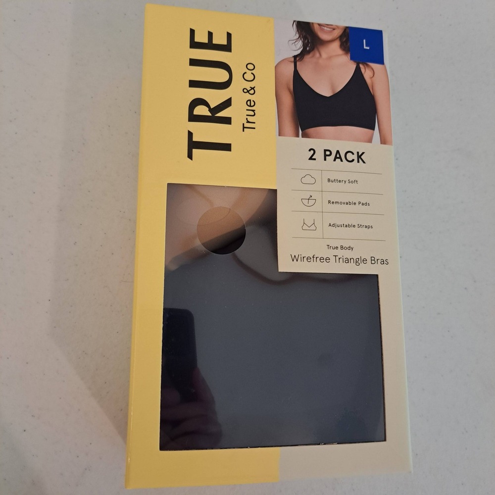 True & Co Womens Bra L Black NWT Wirefree Triangle 2 Pack 1791-350